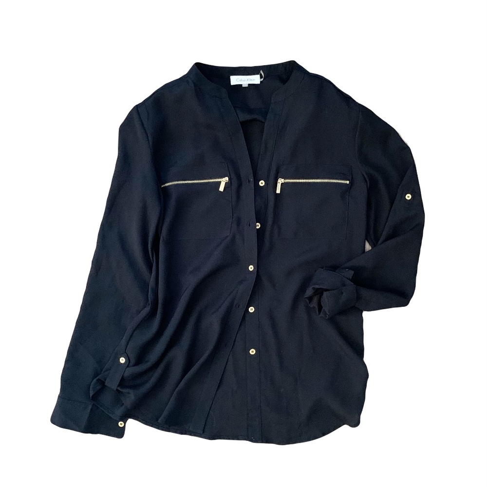 {Calvin Klein} Gold Zipper Pocket Black Oversized Button Up Blouse XS